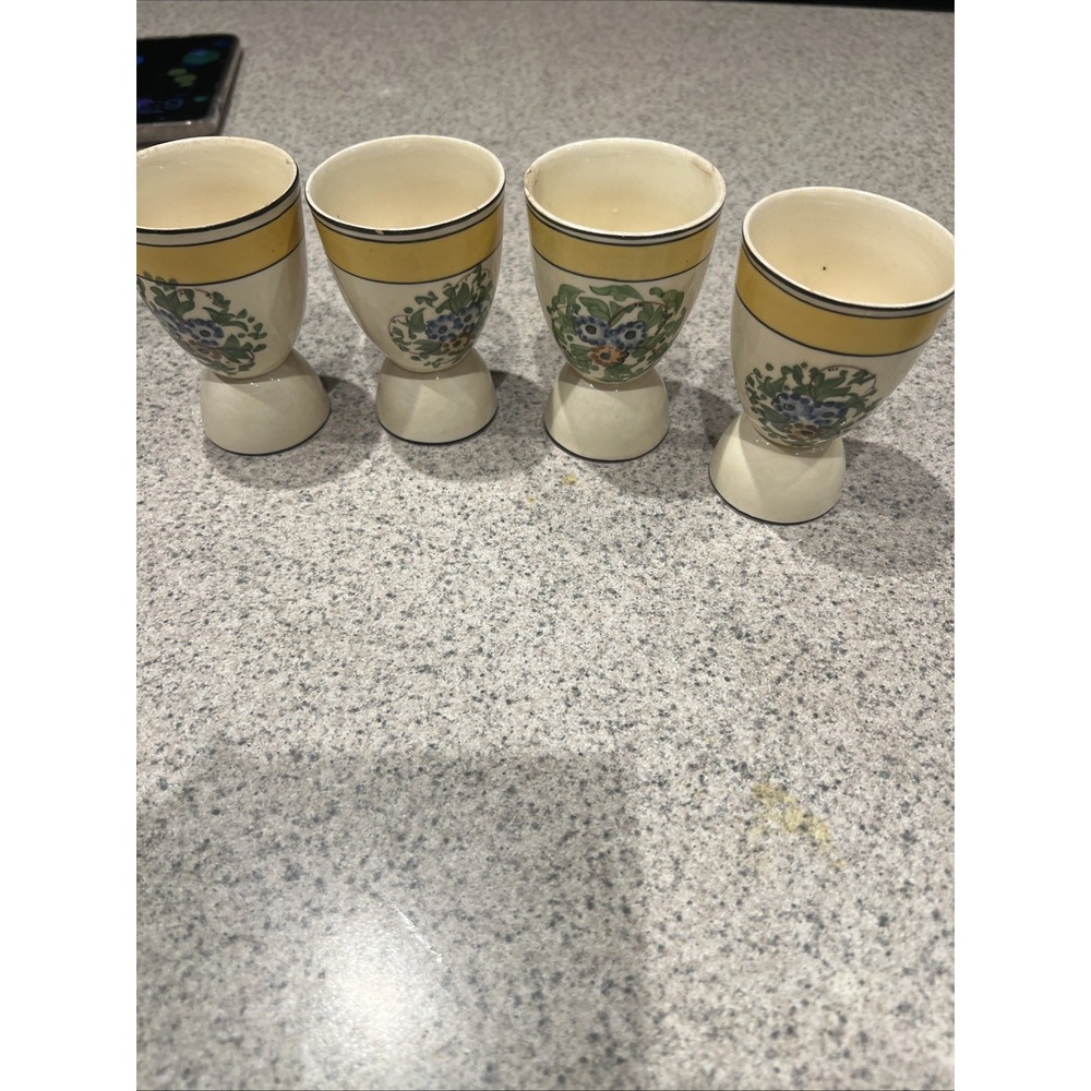 4 Egg Cups French Faience Fait Main Handmade Pottery Yellow Green Floral Coddler